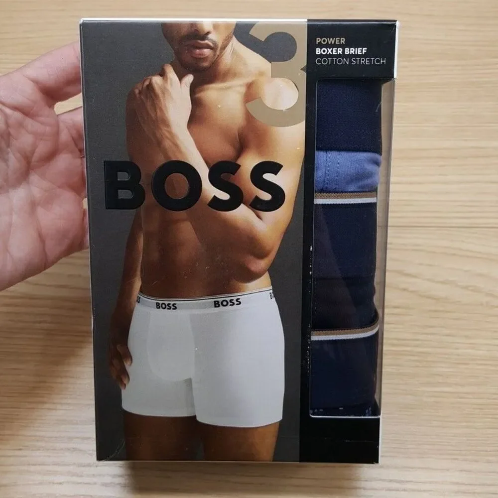 HUGO BOSS Boxer Briefs Long Mens Small Navy Blue 3-Pack Power Cotton Stretch